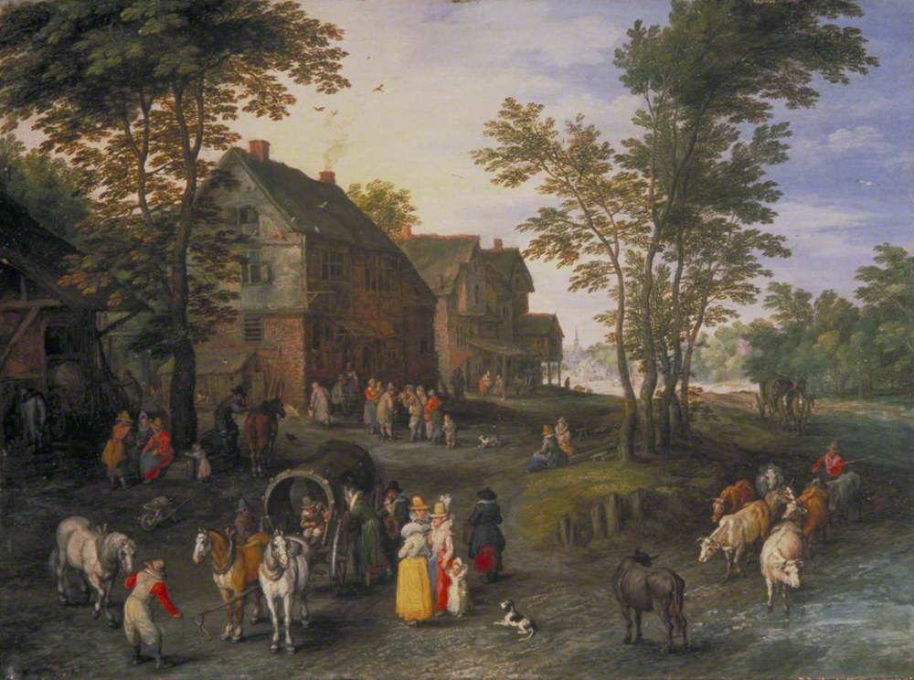 Paysage villageois avec des personnages se préparant à partir - Jan Brueghel l'Ancien