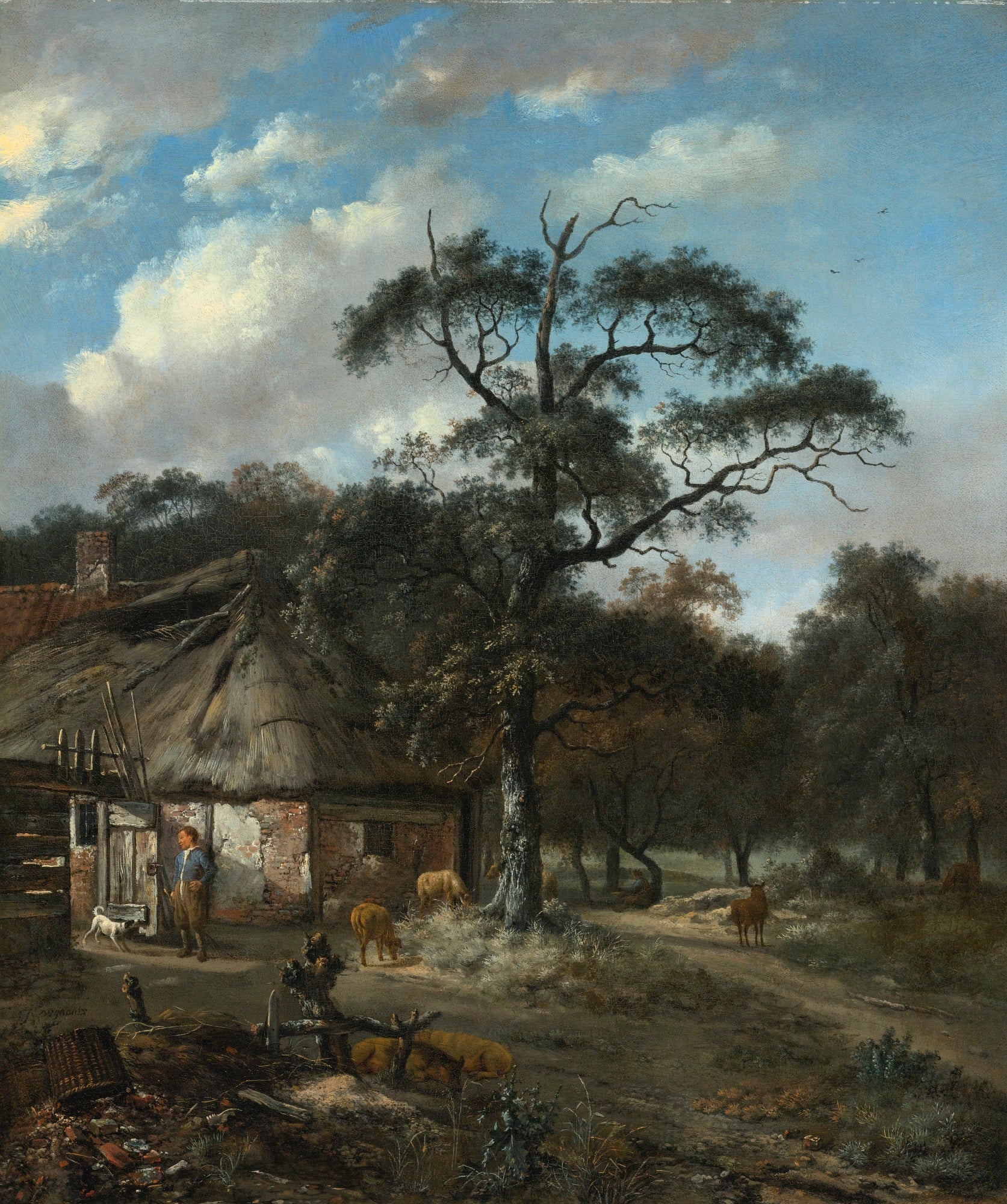 Paysage boisé avec un garçon et des animaux près d'une maisonnette - Adriaen van de Velde