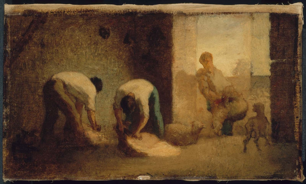 Trois hommes tondent des moutons dans une grange - Jean-François Millet