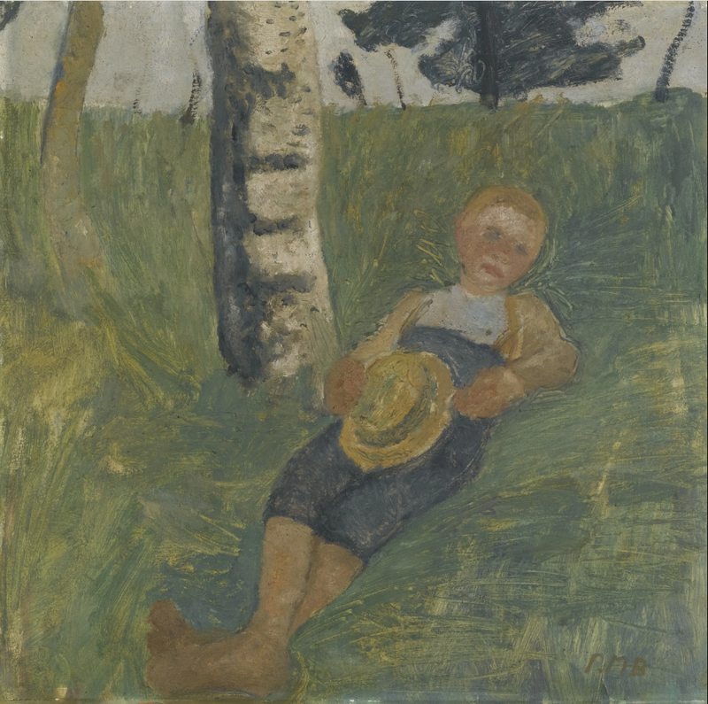 Junge am Birkenstamm im Gras liegend (Young man lying in grass next to a birch tree) - Paula Modersohn-Becker