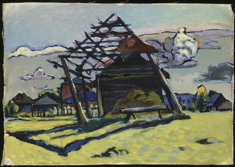 Reproduction du tableau « Akhtyrka, charpente pour un tas de foin et ferme - Vassily Kandinsky » par Alpha Reproduction en peinture à l’huile