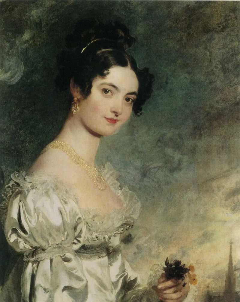 Портрет леди Селина Мид (1797–1872), по пояс, в платье из слоновой кости из сатина, с изображением стрелы собора Святого Этьена в Вене, за ним — Томас Лоуренс