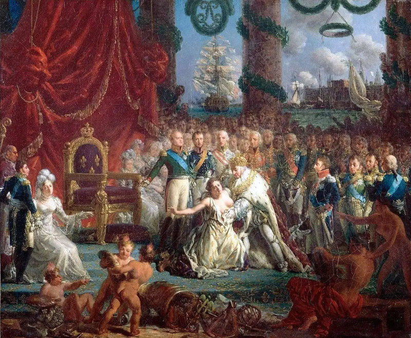 Аллегория возвращения Бурбонов 24 апреля 1814 года: Людовик XVIII восстанавливает Францию после разрушений. - Луи-Филипп Крепен
