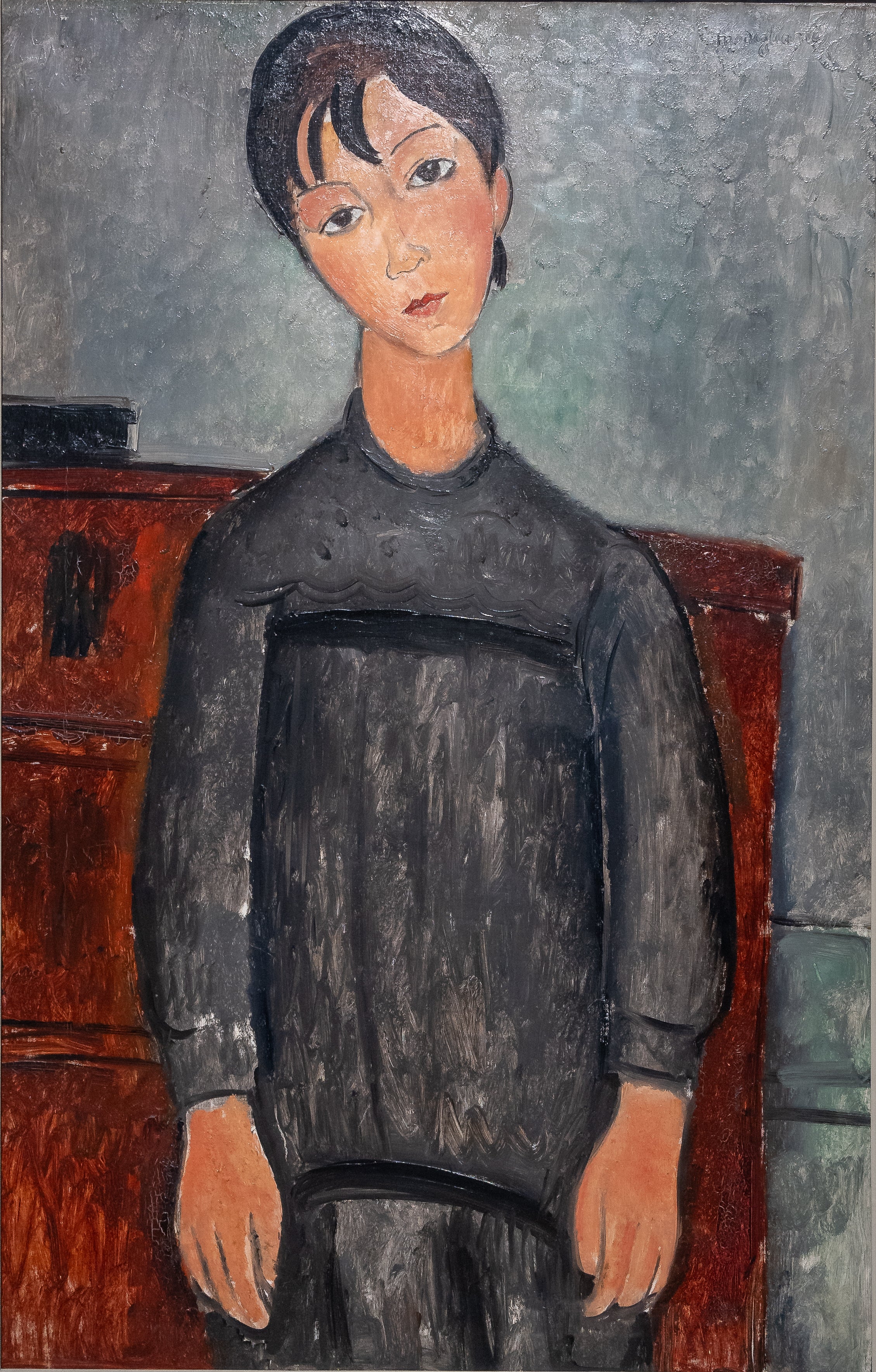 Reproduction du tableau « Fillette debout en tablier noir - Amedeo Modigliani » par Alpha Reproduction en peinture à l’huile