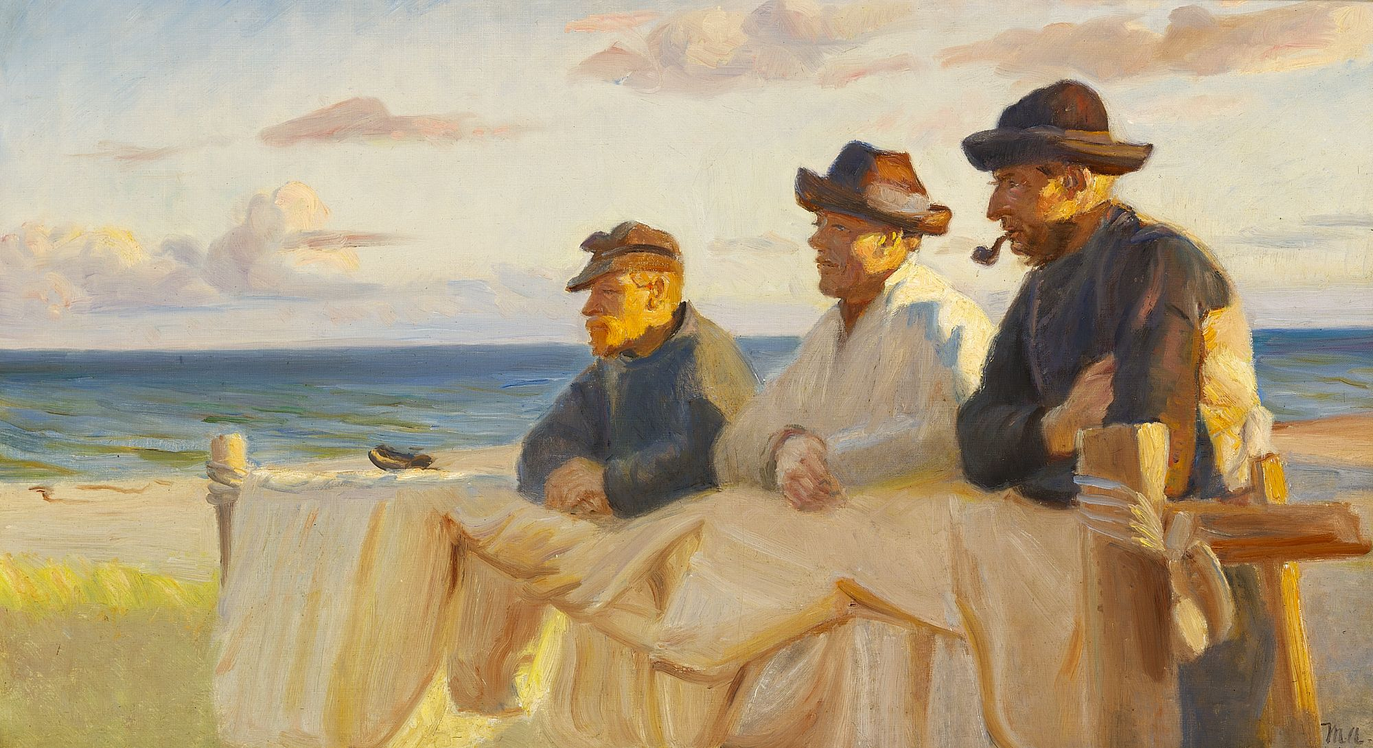 En fin de journée trois pêcheurs profitent des derniers rayons du soleil. - Michael Peter Ancher - Alpha Reproduction
