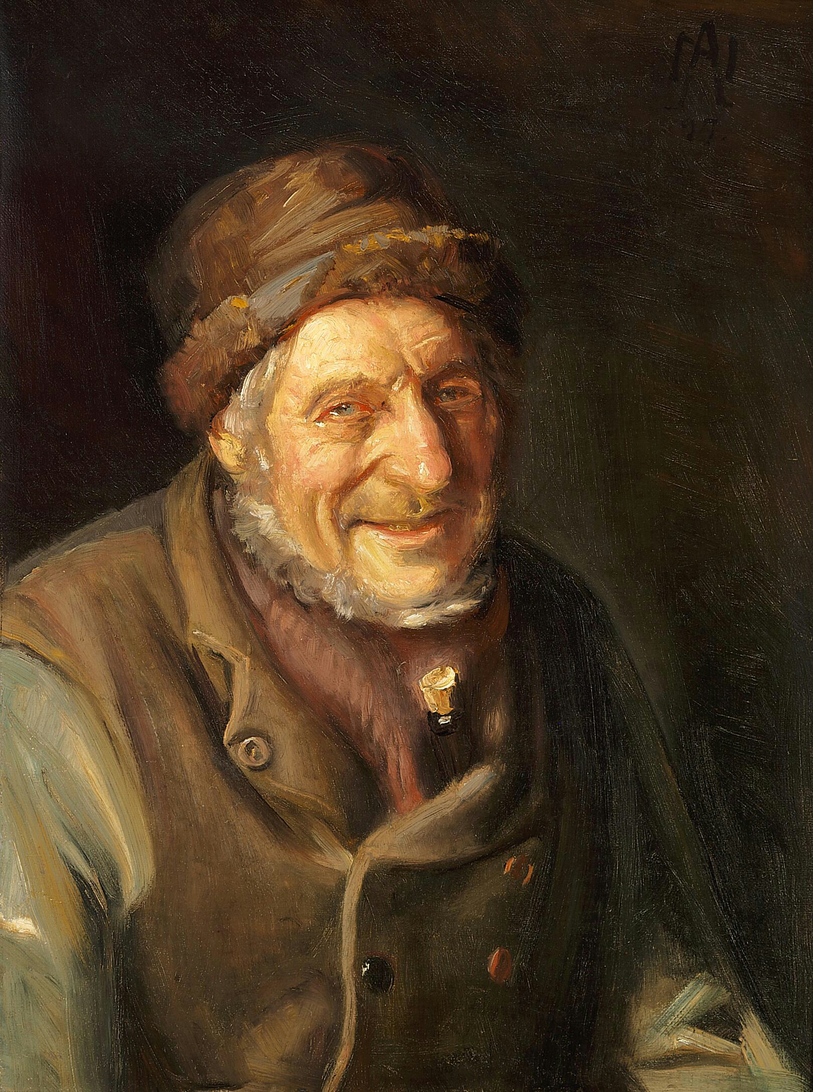 Un vieil homme souriant de Skagen une bouteille glissée sous son gilet. - Michael Peter Ancher - Alpha Reproduction