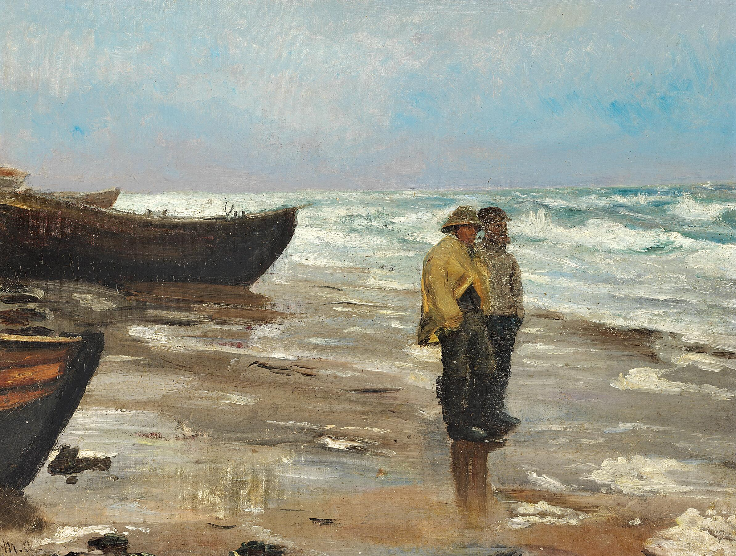Des pêcheurs sur une plage avec leurs bateaux. - Michael Peter Ancher - Alpha Reproduction