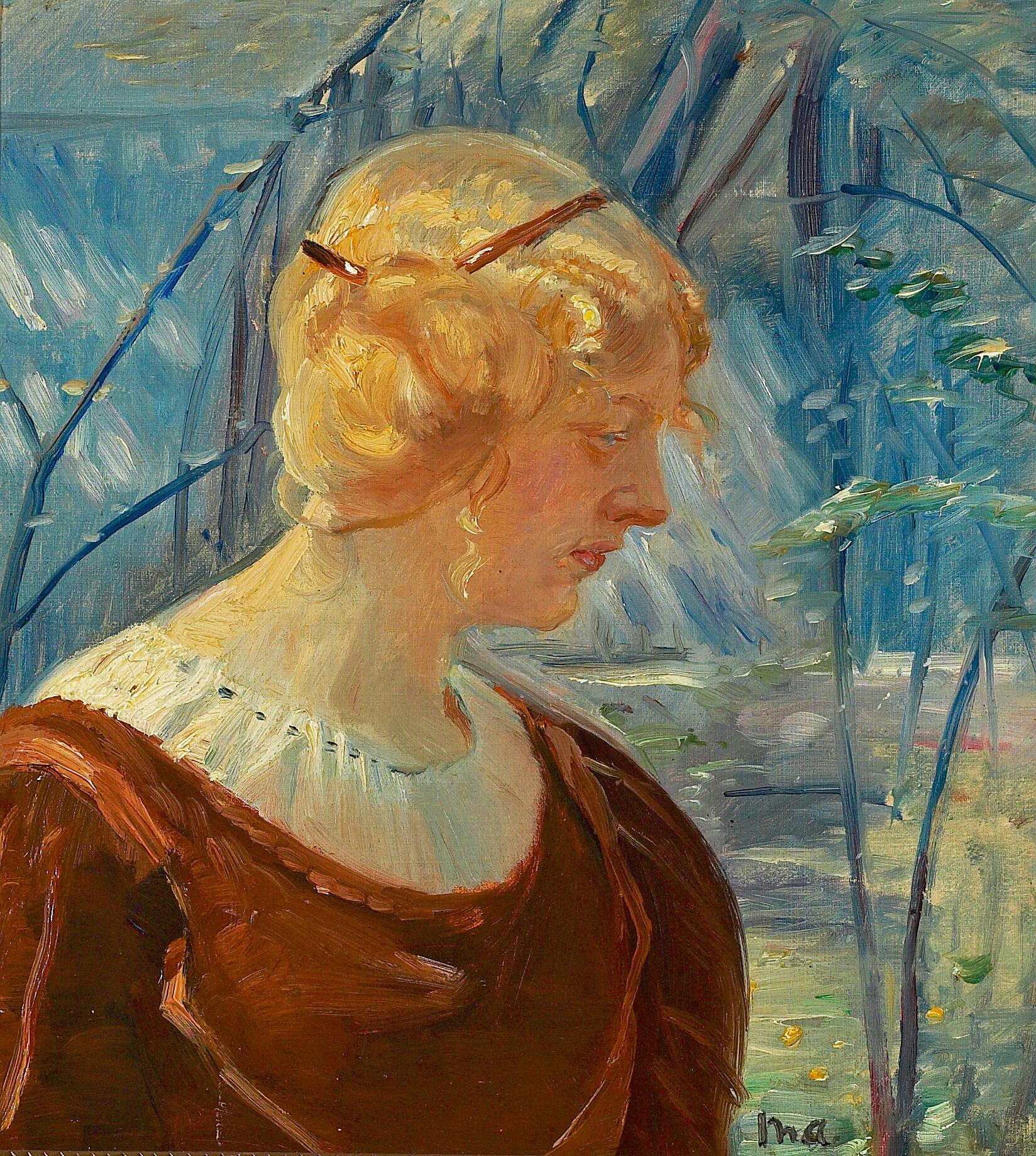 Portrait d’une jeune femme blonde dans un jardin. - Michael Peter Ancher - Alpha Reproduction