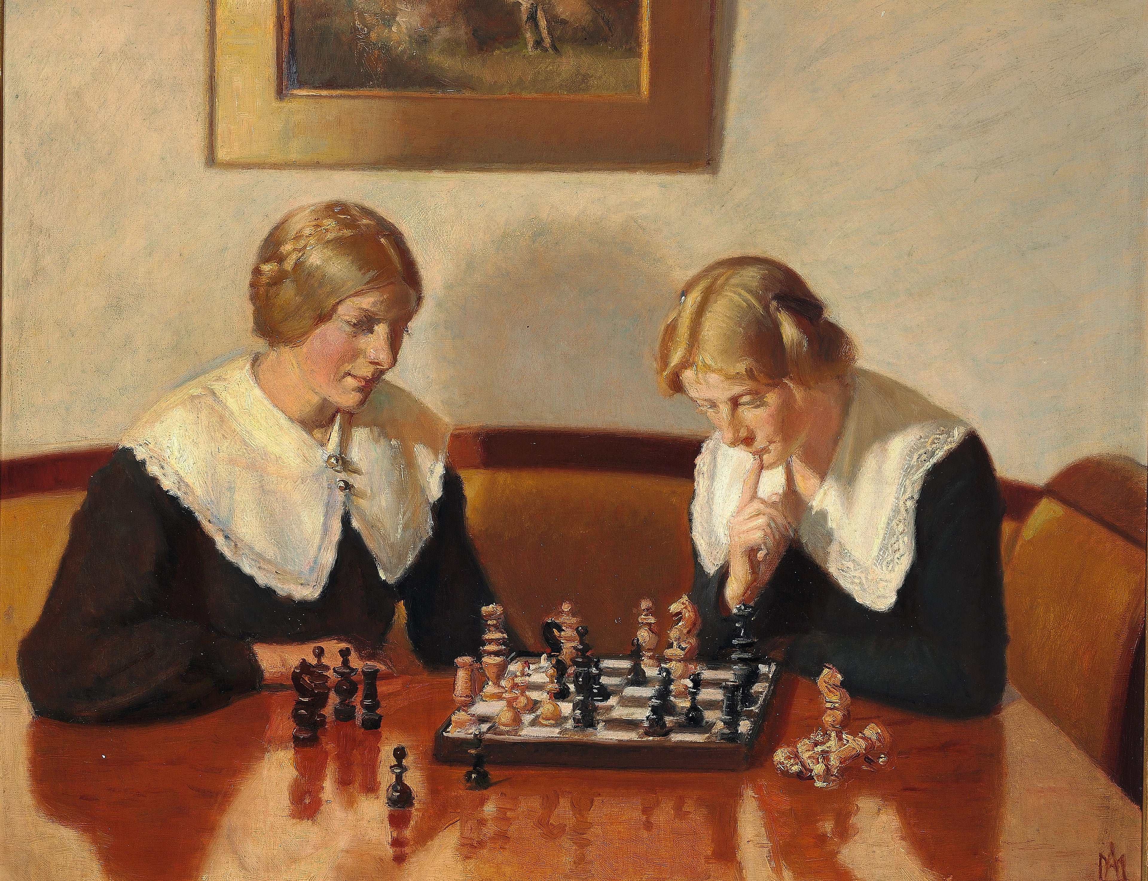 Helga Ancher et Engel Saxild jouent aux échecs dans la maison de Markvej à Skagen. - Michael Peter Ancher - Alpha