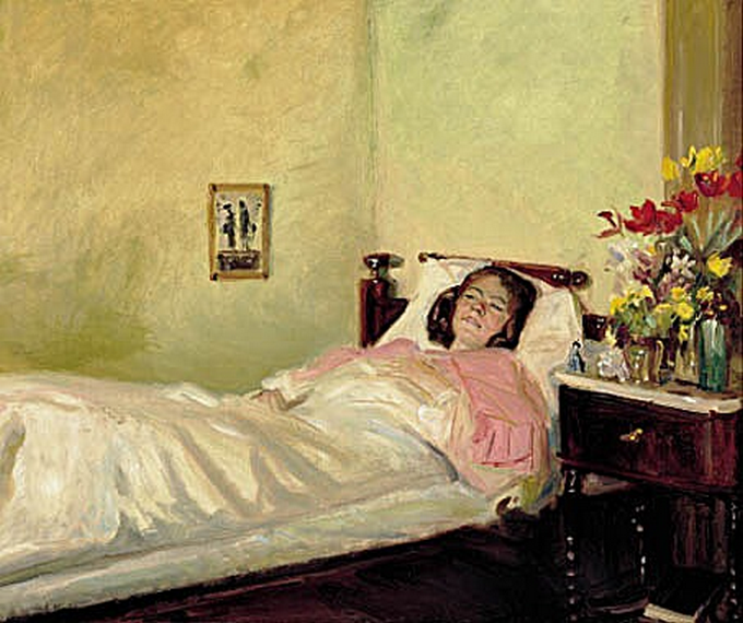 Intérieur avec une jeune femme allongée dans un lit. - Michael Peter Ancher - Alpha Reproduction