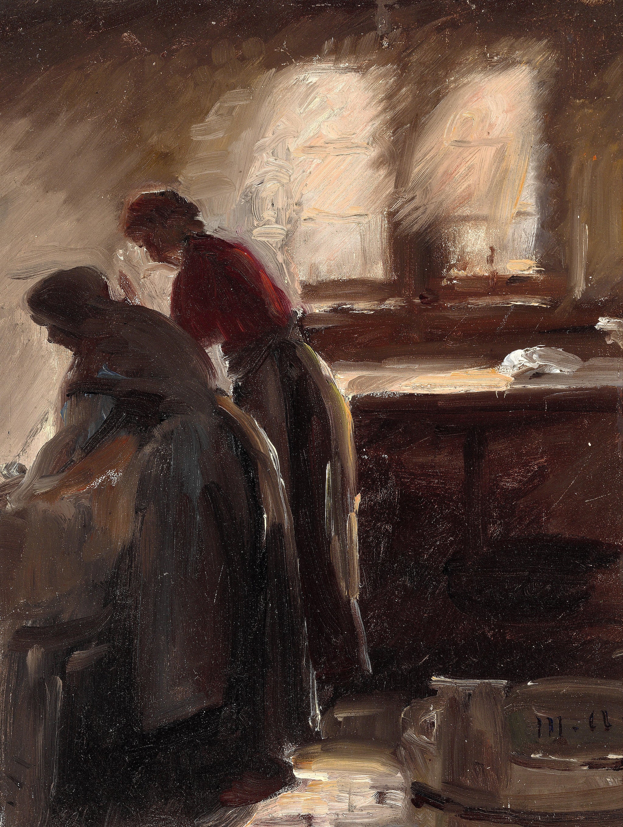 Intérieur de cuisine avec deux femmes qui travaillent. - Michael Peter Ancher image 1 tableau peint à l’huile sur toile