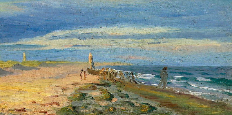 Vue de la plage de Skagen avec des personnes à bord d'un bateau. Le phare de Skagen se dresse à l'arrière-plan. - Michael Peter Ancher
