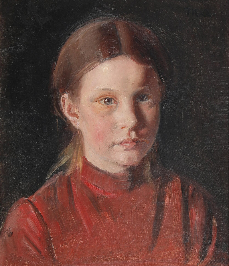 Portrait d'une petite fille en robe rouge. - Michael Peter Ancher
