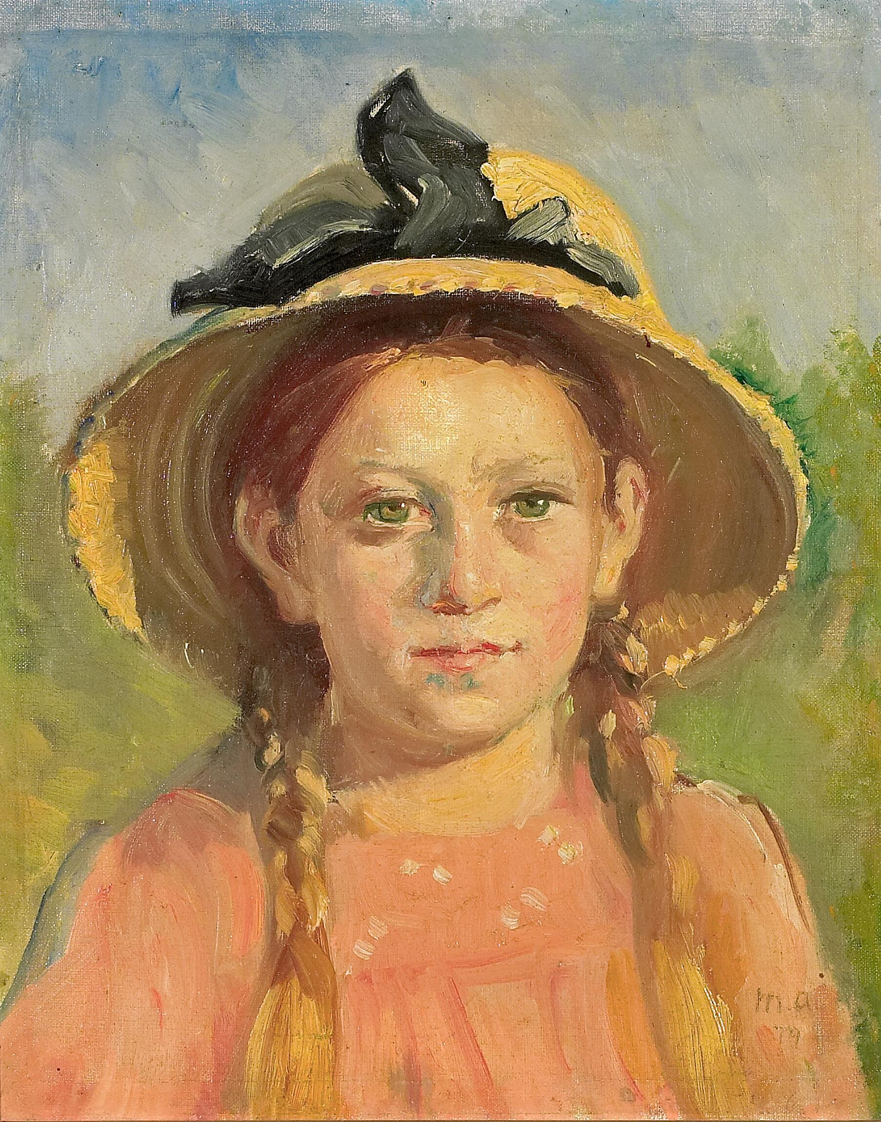 Portrait d’une jeune fille aux cheveux tressés et coiffée d’un chapeau de paille orné d’un ruban bleu. - Michael Peter