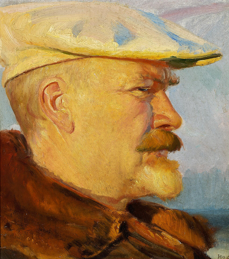 Autoportrait avec une casquette de peintre blanche au soleil couchant. - Michael Peter Ancher