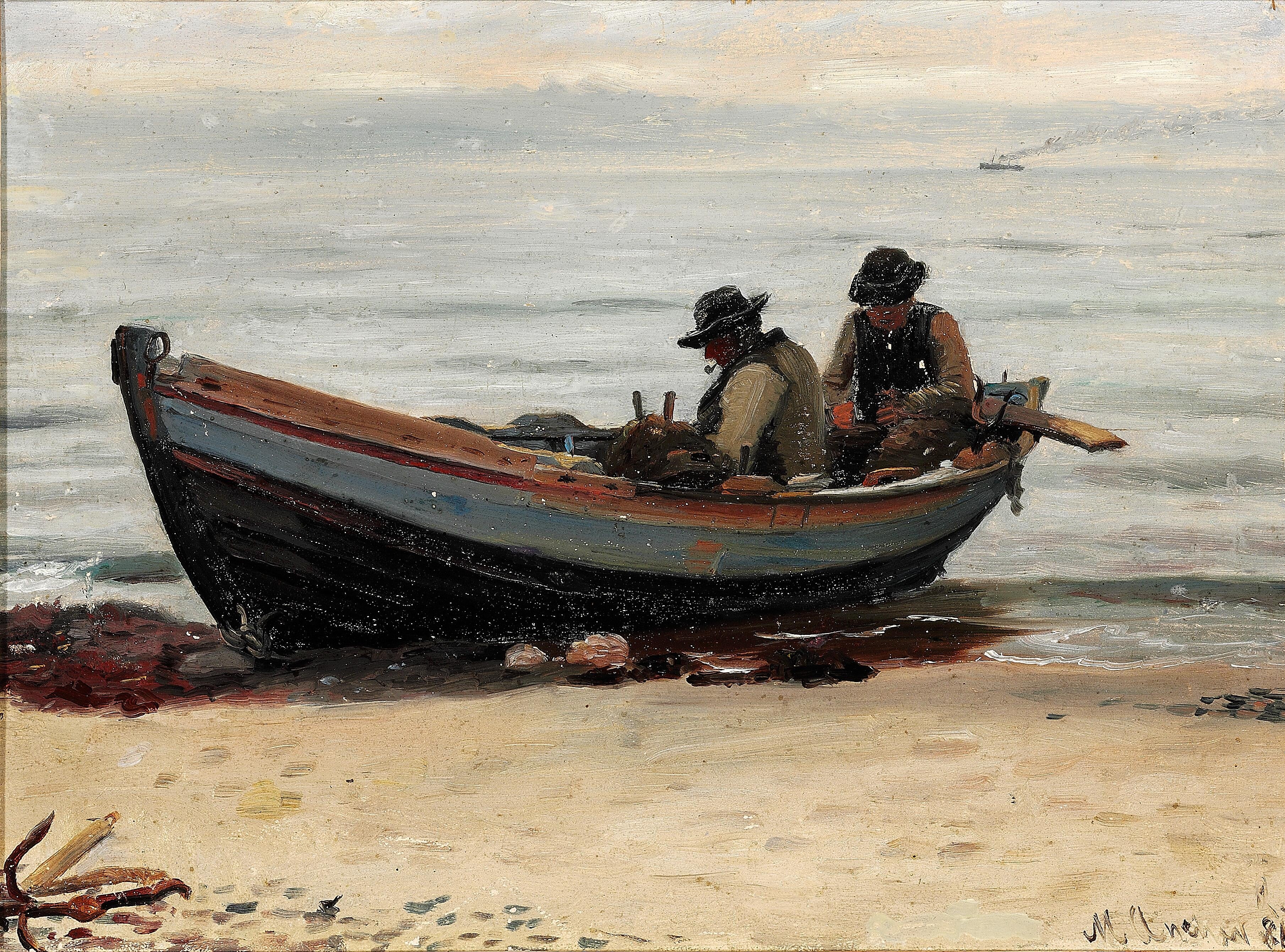 Deux pêcheurs réparent leurs filets dans leur bateau sur la plage. - Michael Peter Ancher - Alpha Reproduction