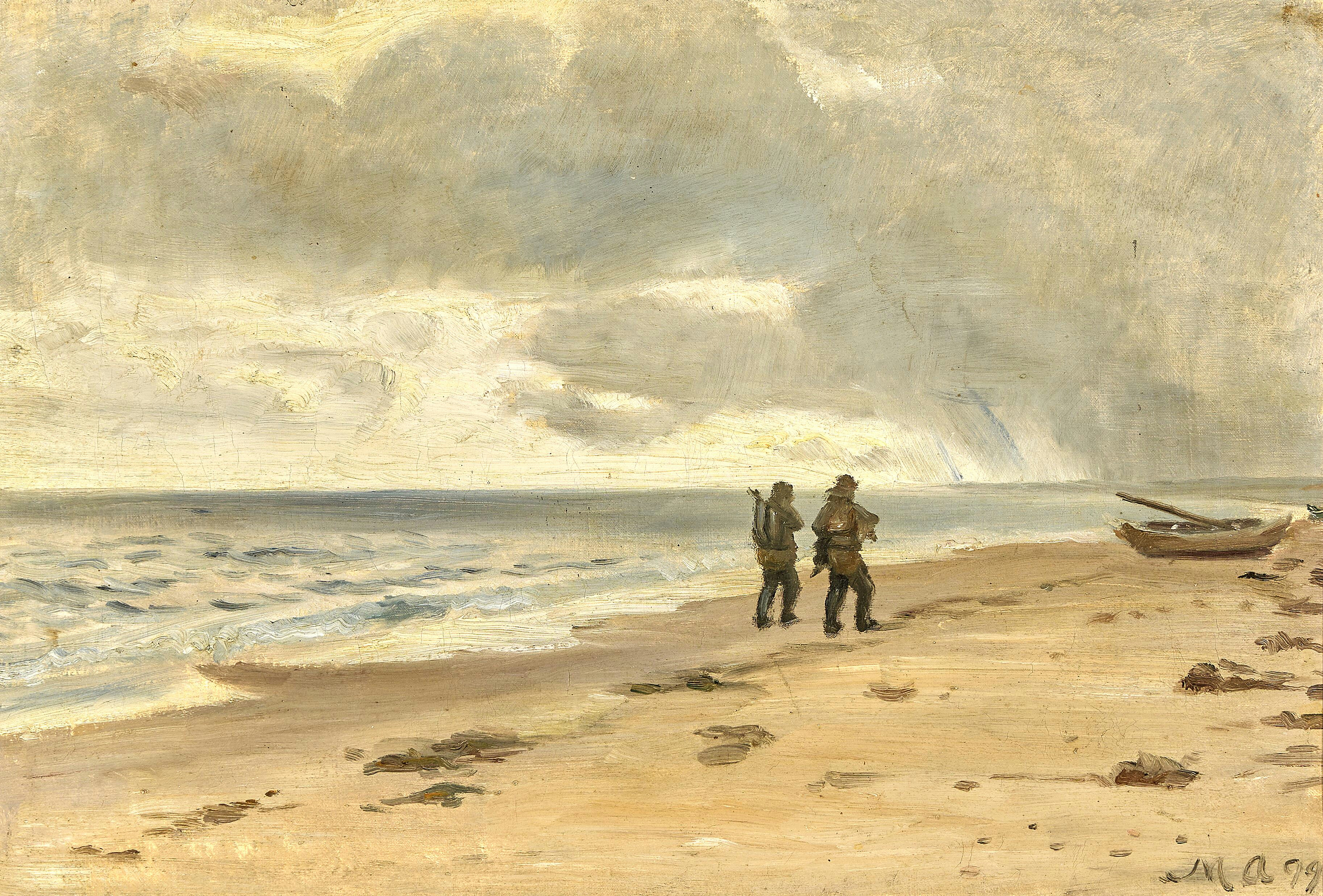 Deux pêcheurs sur la plage. Ciel gris au-dessus de la mer. - Michael Peter Ancher - Alpha Reproduction