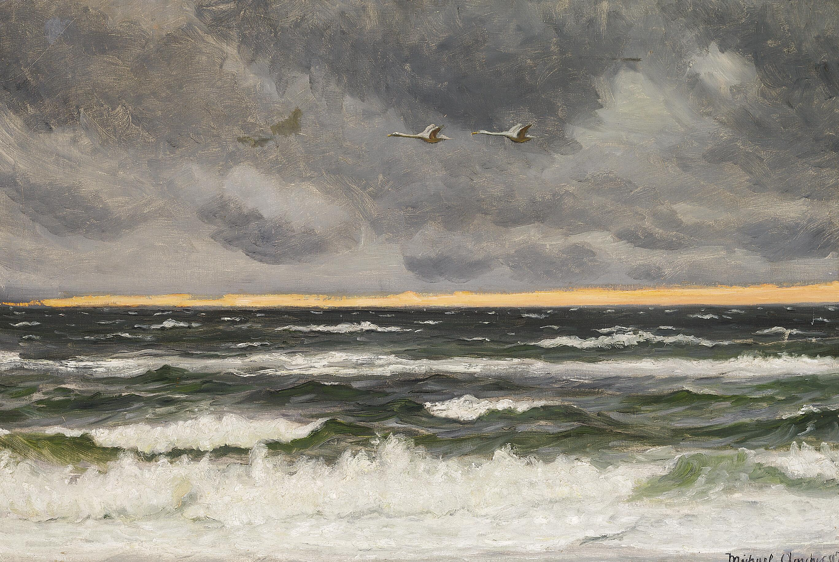 Deux cygnes survolant la mer du Nord au coucher du soleil. - Michael Peter Ancher - Alpha Reproduction