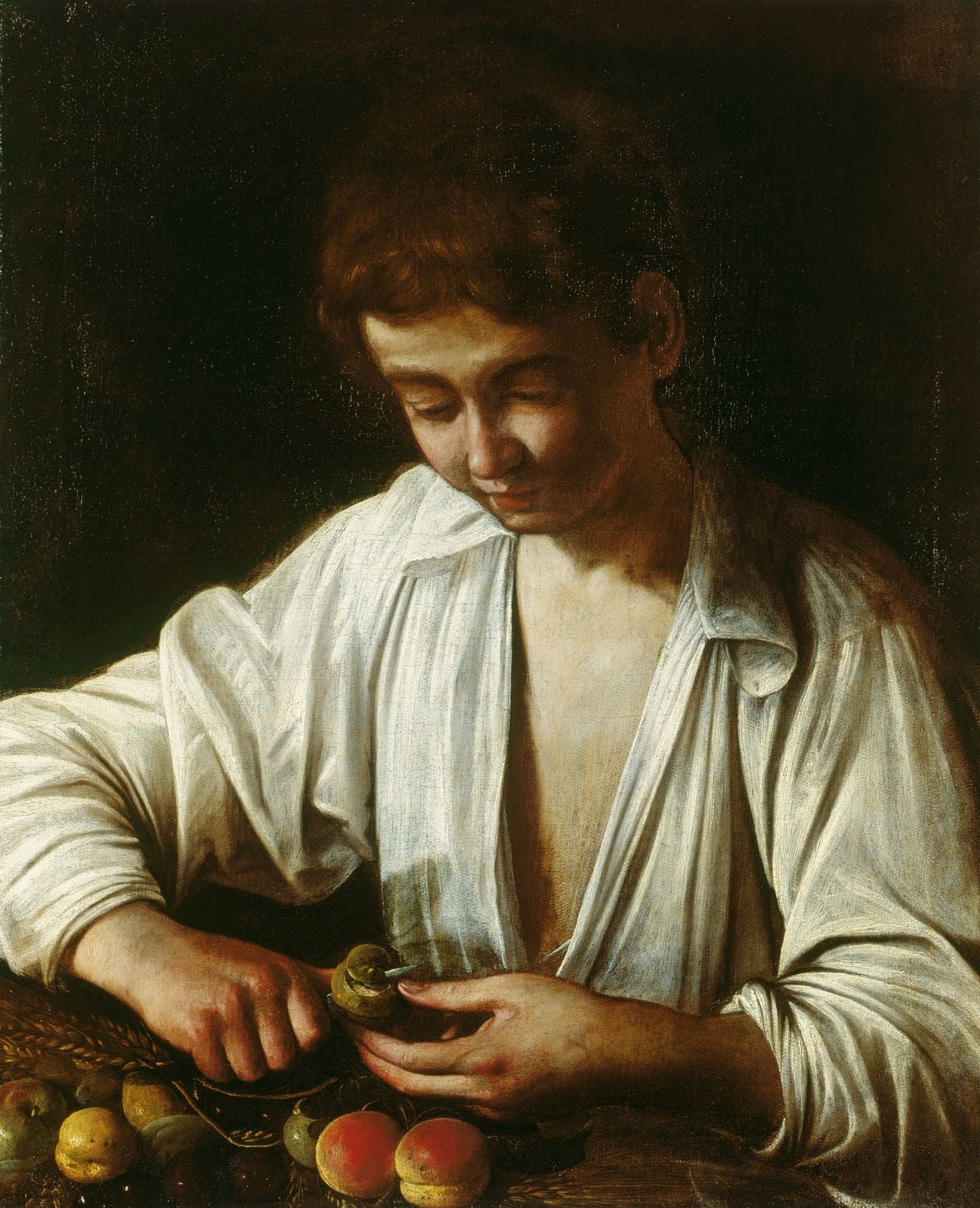 Reproduction du tableau « Garçon pelant un fruit - Le Caravage » par Alpha Reproduction en peinture à l’huile