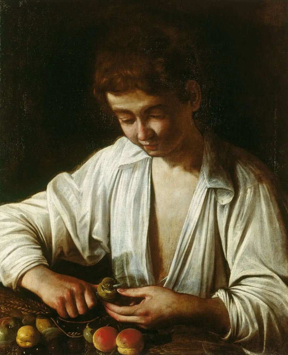 Reproduction du tableau « Garçon pelant un fruit - Le Caravage » par Alpha Reproduction en peinture à l’huile