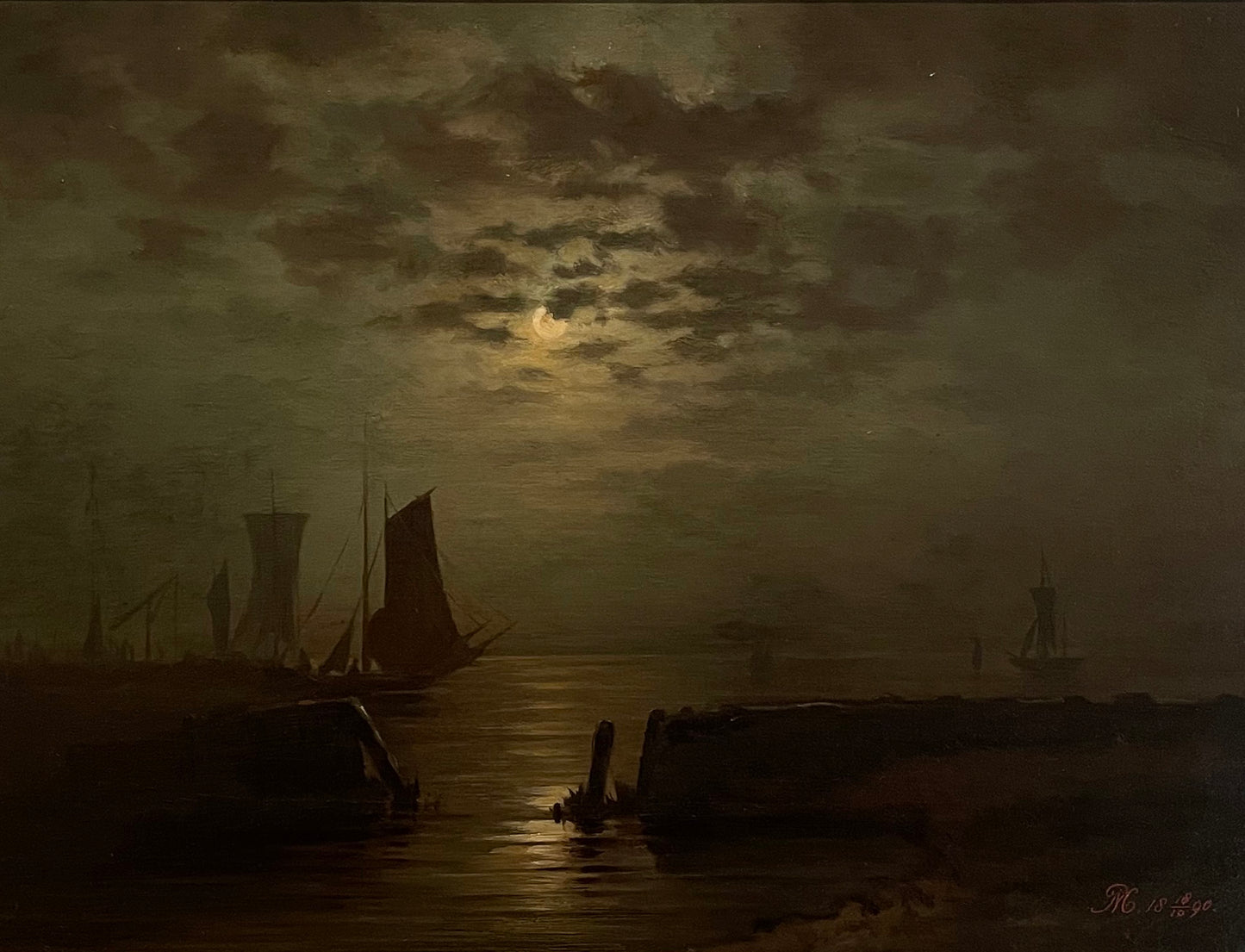 Reproduction du tableau « Navires au clair de lune - Piet Mondrian » par Alpha Reproduction en peinture à l’huile