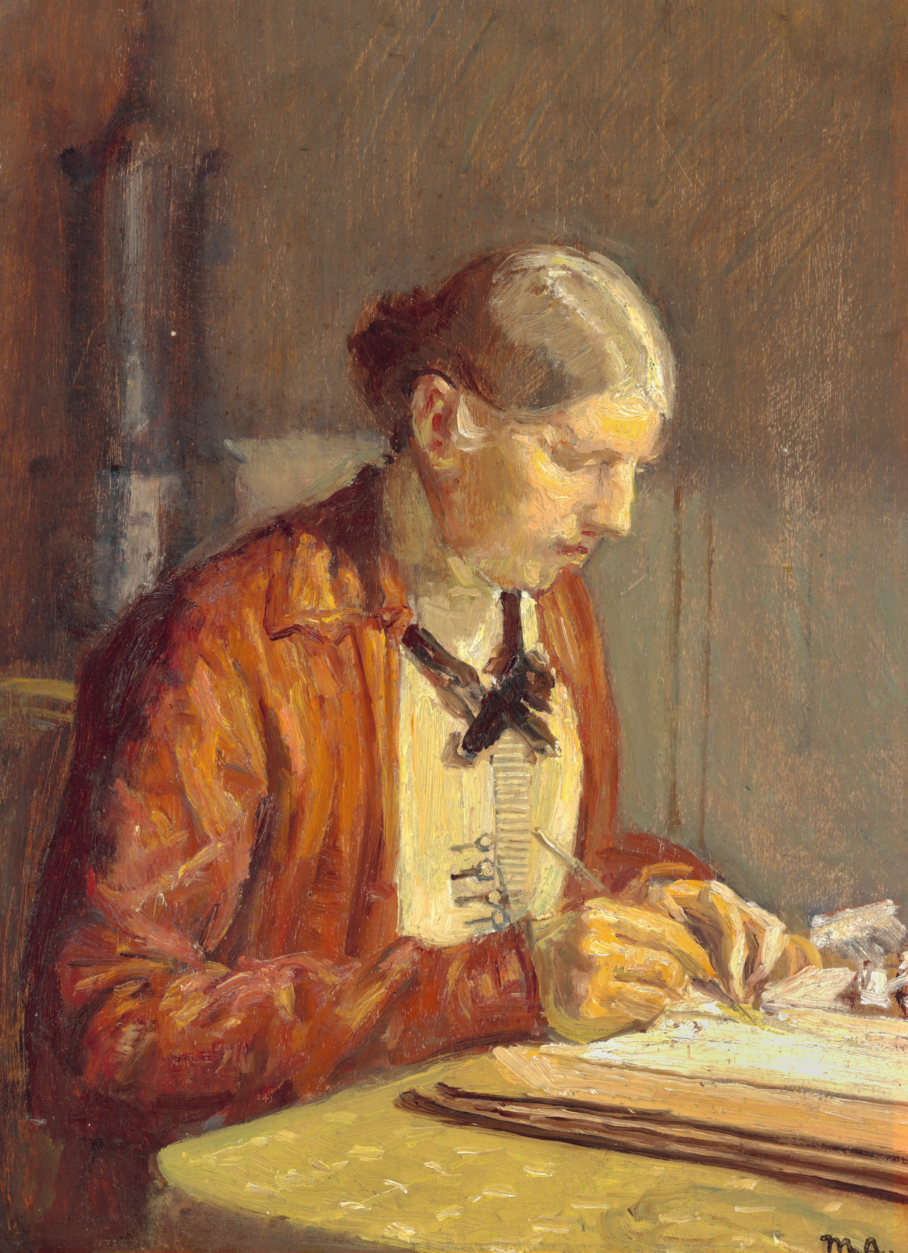 Intérieur avec Anna Ancher, l'épouse de l'artiste, en train de peindre. - Michael Peter Ancher