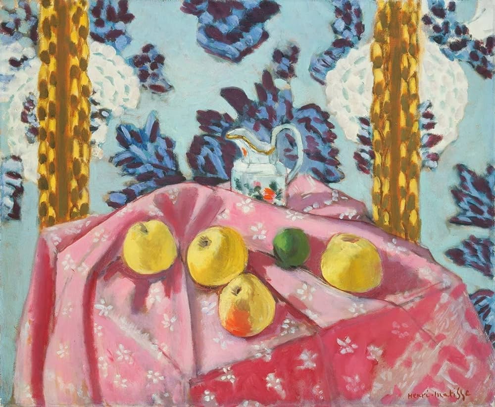 Reproduction du tableau « Nature morte aux pommes sur une nappe rose - Henri Matisse » par Alpha Reproduction en peinture à l’huile