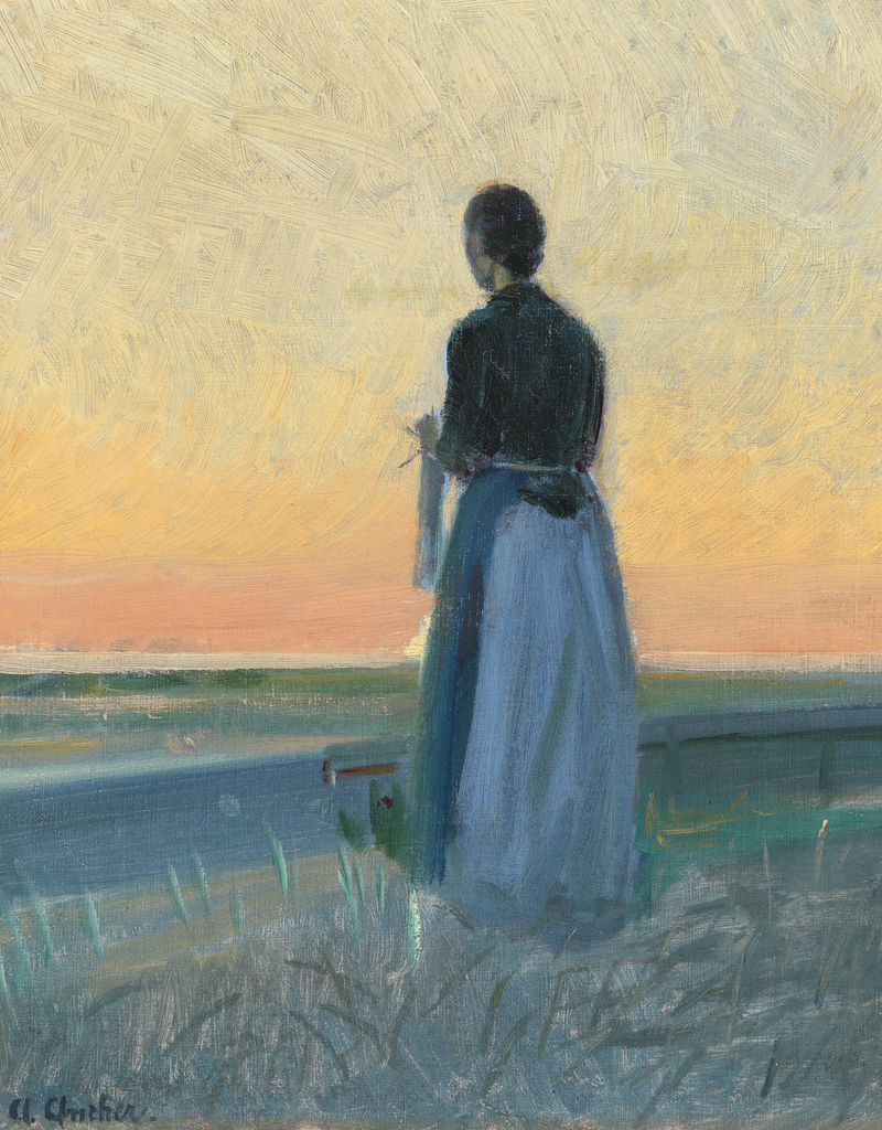 Молодая женщина, которая вяжет, стоит на закате солнца. - Anna Ancher