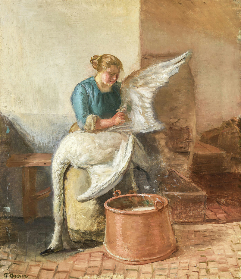 Молодая женщина, выщипывающая лебедя. - Anna Ancher