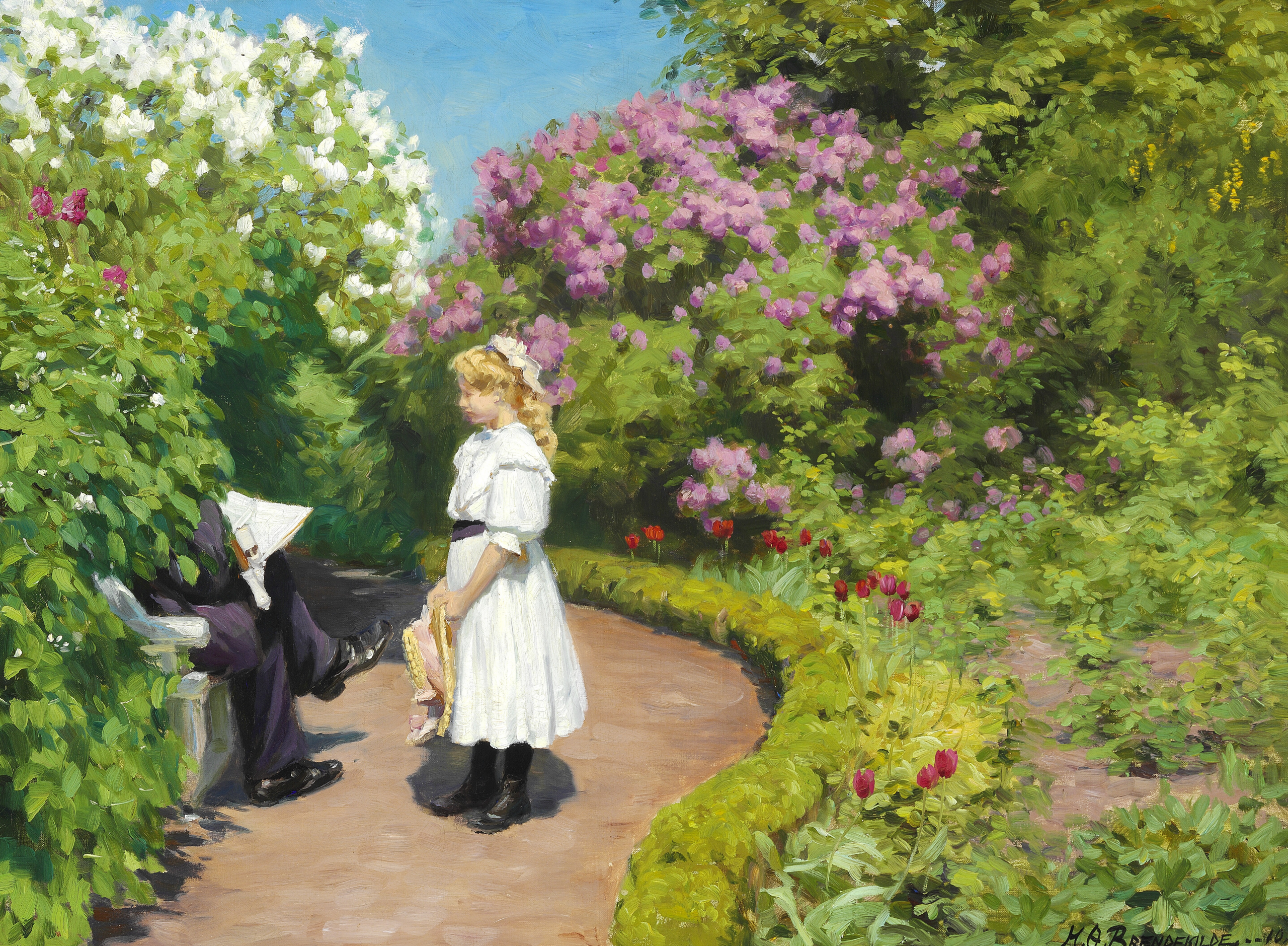 Une jeune fille avec un chapeau de paille, vêtue d'une robe d'été blanche - H. A. Brendekilde