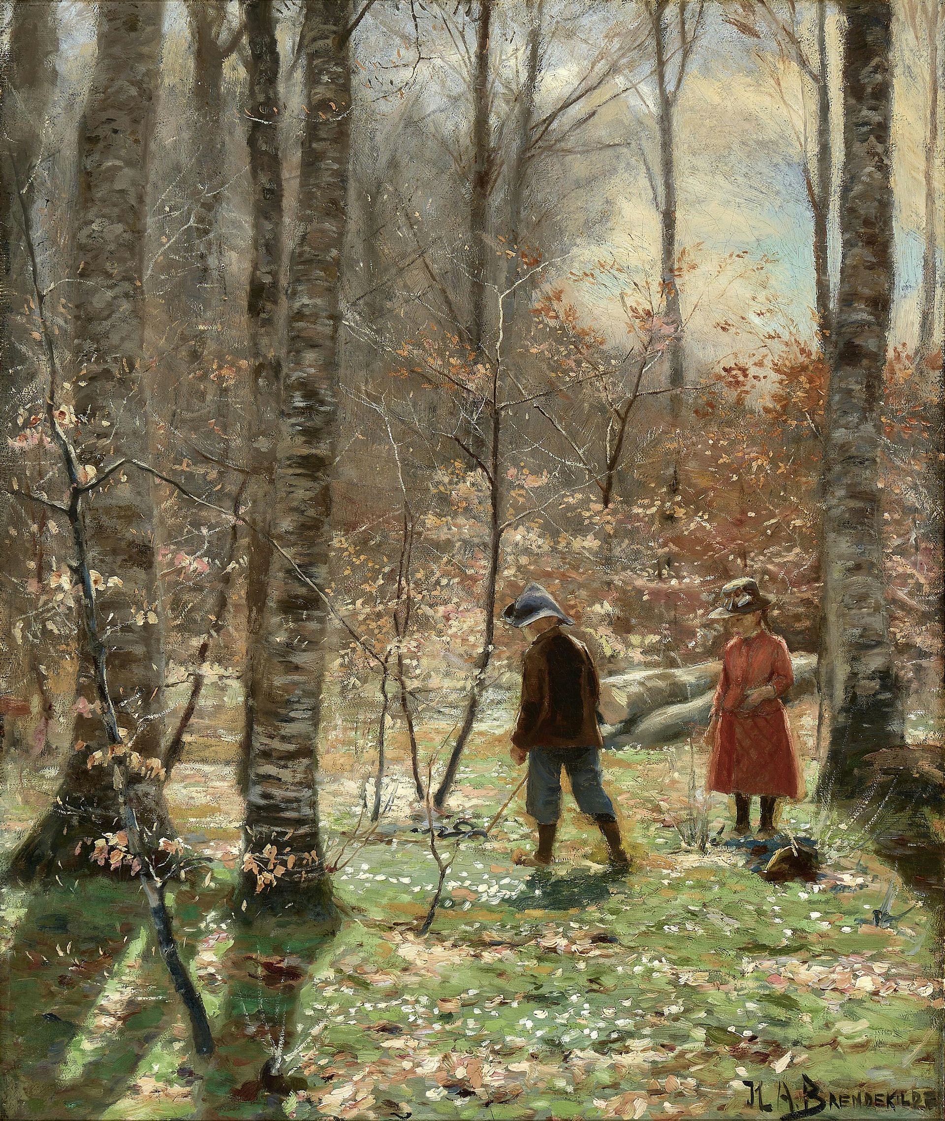 Une journée de printemps dans la forêt avec un garçon et une fille cueillant des anémones. - H. A. Brendekilde