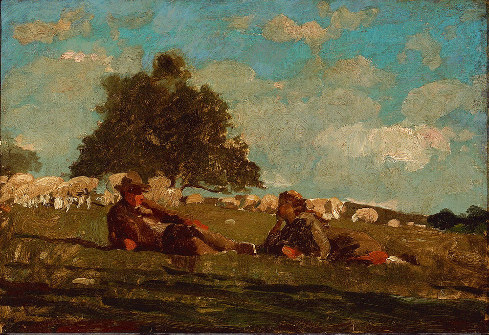 Un garçon et une fille dans un champ avec des moutons - Winslow Homer