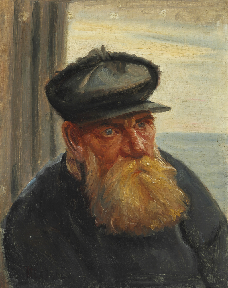 Un vieux pêcheur dans l'embrasure d'une porte, la mer en arrière-plan, Skagen - Michael Peter Ancher