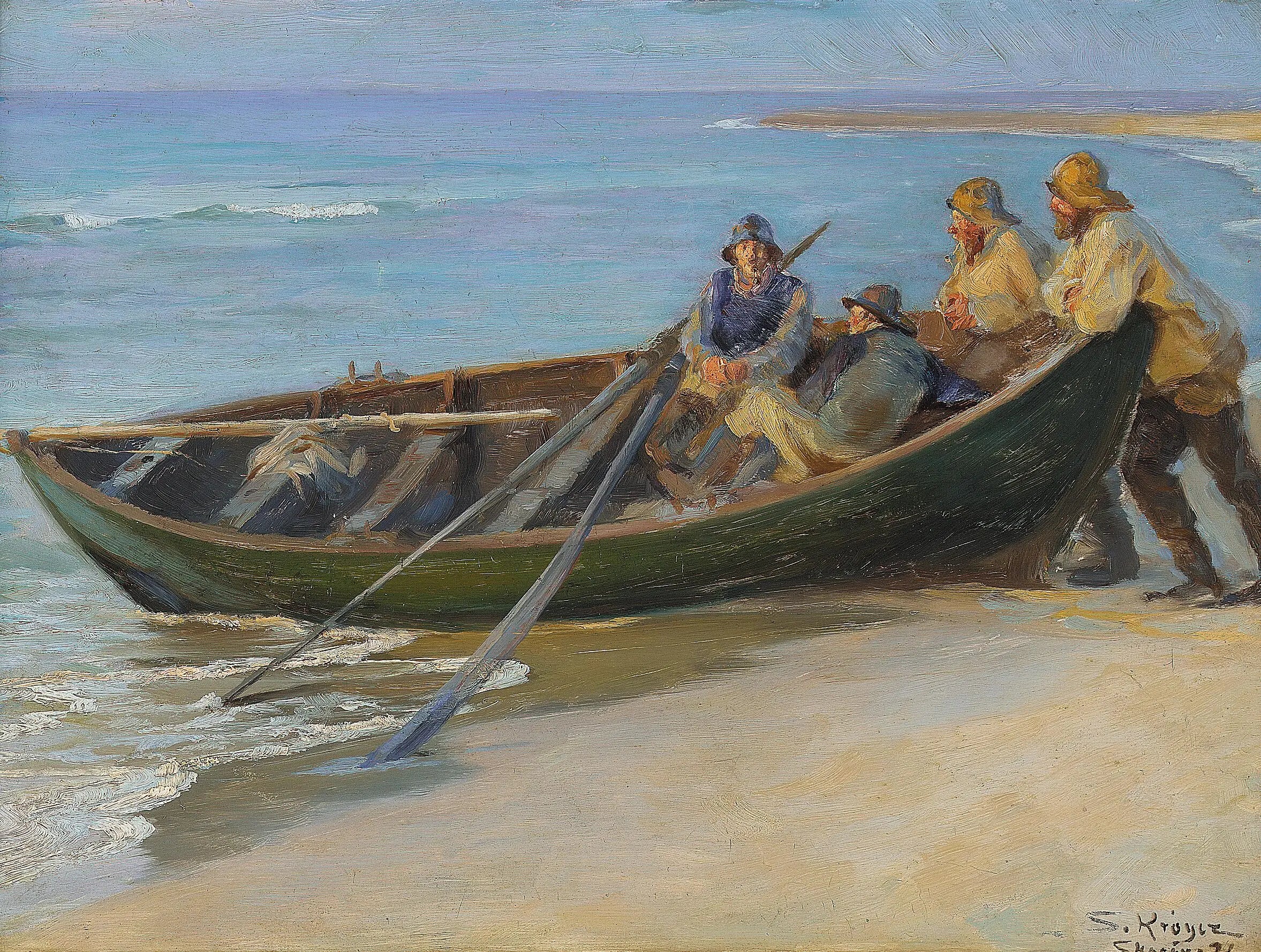 Plage nord de Skagen. Un bateau vert au bord de l’eau. Deux pêcheurs assis dans le bateau appuyés sur les bastingages.