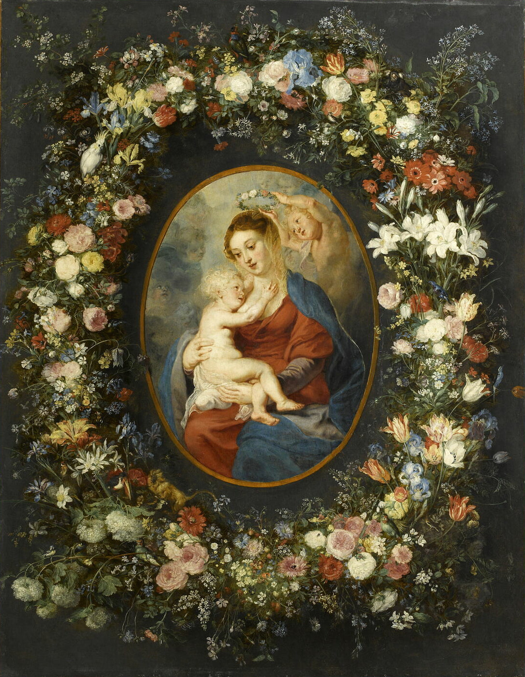 La Vierge, l'enfant Jésus et un ange au milieu d'une guirlande de fleurs - Peter Paul Rubens