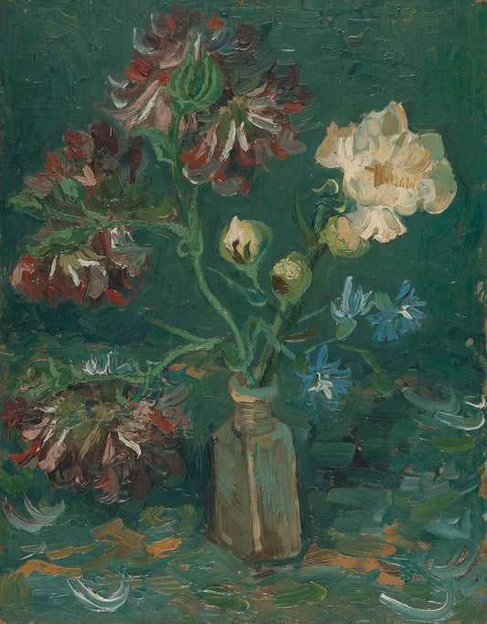 Reproduction du tableau « Petite bouteille avec pivoines et delphiniums bleus - Vincent van Gogh » par Alpha Reproduction en peinture à l’huile