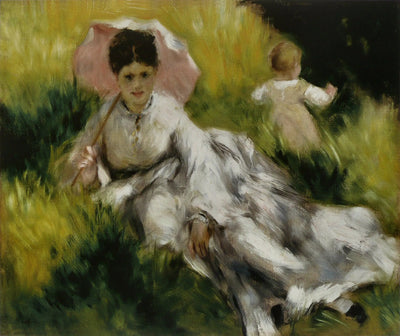 Reproduction du tableau « Femme avec un parasol et un petit enfant sur une colline ensoleillée - Pierre-Auguste Renoir » par Alpha Reproduction en peinture à l’huile