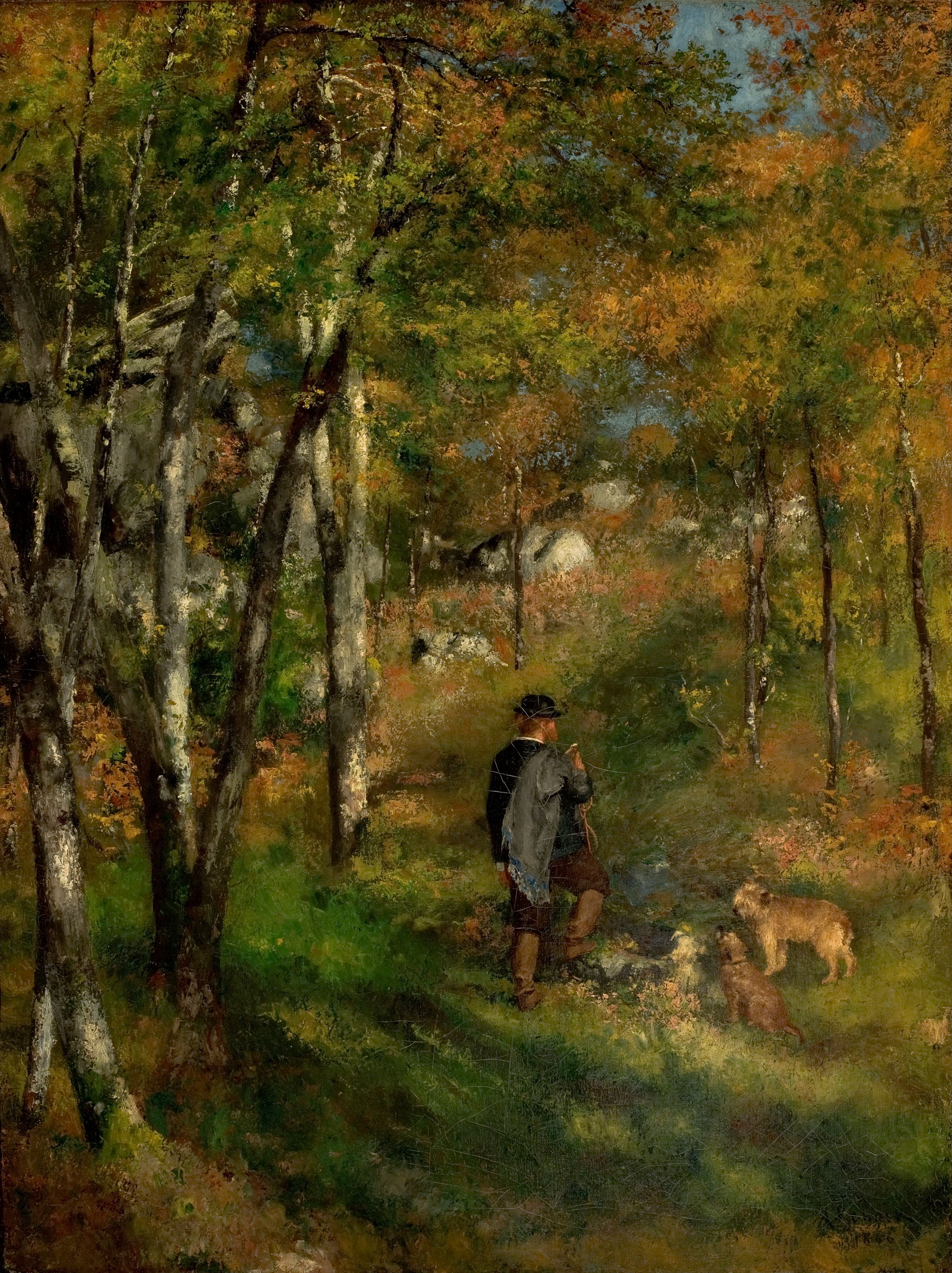 Reproduction du tableau « Jules le Cœur et ses chiens dans la forêt de Fontainebleau - Pierre-Auguste Renoir » par Alpha Reproduction en peinture à l’huile