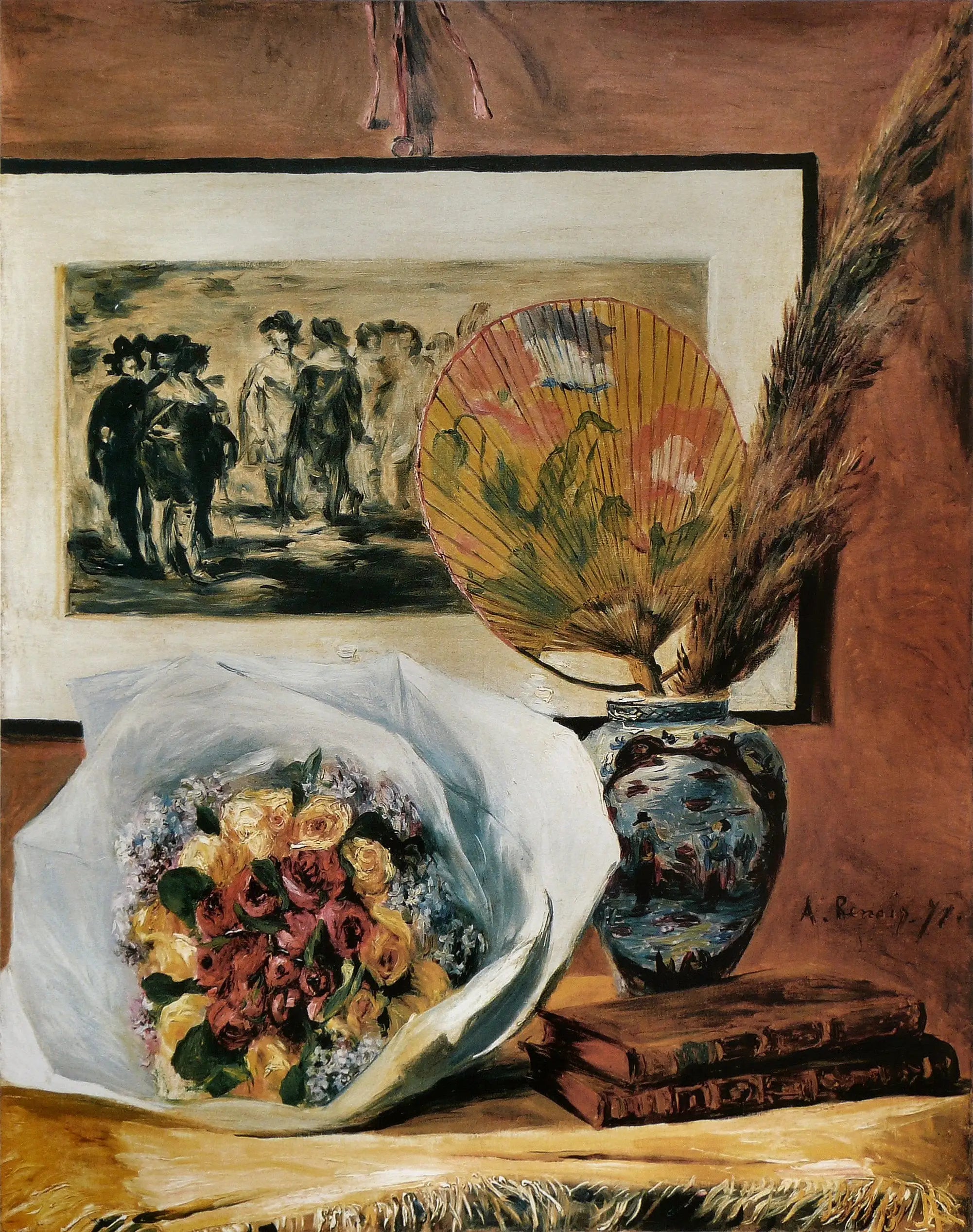 Reproduction du tableau « Nature morte au bouquet et à l'éventail - Pierre-Auguste Renoir » par Alpha Reproduction en peinture à l’huile
