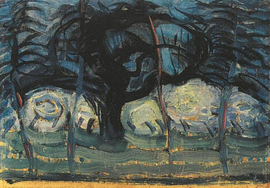 Reproduction du tableau « Pommier en bleu avec des lignes ondulées I - Piet Mondrian » par Alpha Reproduction en peinture à l’huile