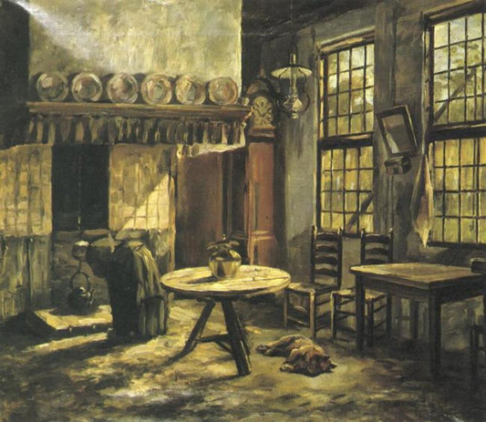 Reproduction du tableau « Intérieur de ferme avec cheminée dans l'Achterhoek - Piet Mondrian » par Alpha Reproduction en peinture à l’huile
