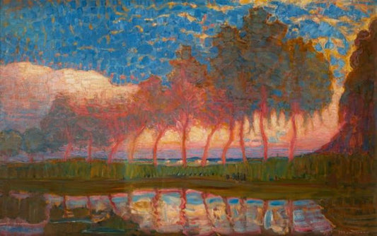 Reproduction du tableau « Rangée de onze peupliers rouges, jaunes, bleus et verts - Piet Mondrian » par Alpha Reproduction en peinture à l’huile