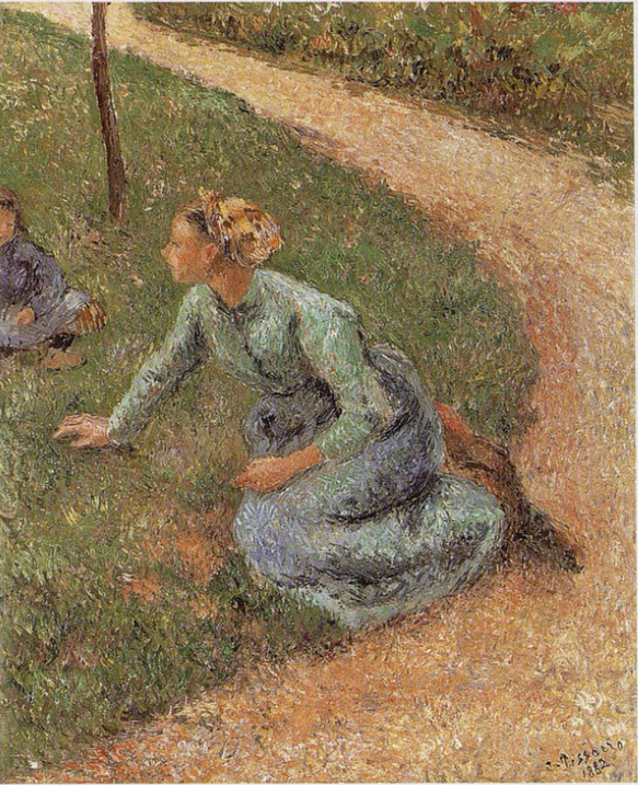 Reproduction du tableau « Paysanne assise au bord d'un chemin - Camille Pissarro » par Alpha Reproduction en peinture à l’huile