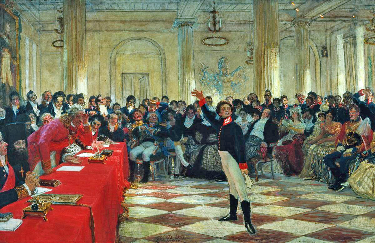 Alexandre Sergueïevitch Pouchkine récite son poème devant Gavrila Derjavin lors de l'examen du lycée de Tsarskoïe Selo le 8 janvier 1815. - Ilya Repin