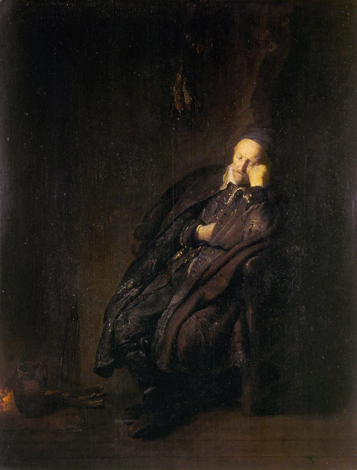 Reproduction du tableau « Un vieil homme dort près de - Rembrandt » par Alpha Reproduction en peinture à l’huile