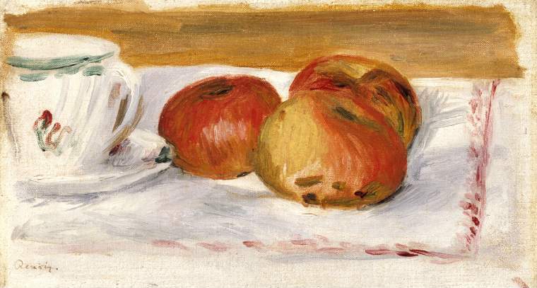 Reproduction du tableau « Pommes et tasse de thé - Pierre-Auguste Renoir » par Alpha Reproduction en peinture à l’huile