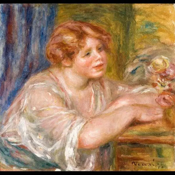 Reproduction du tableau « Buste de jeune fille regardant des fleurs - Pierre-Auguste Renoir » par Alpha Reproduction en peinture à l’huile