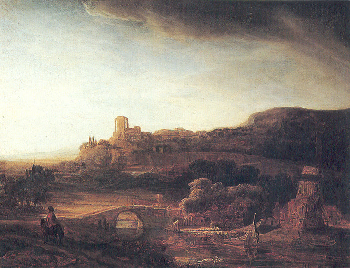 Reproduction du tableau « Paysage avec ruines et moulin à vent - Rembrandt » par Alpha Reproduction en peinture à l’huile