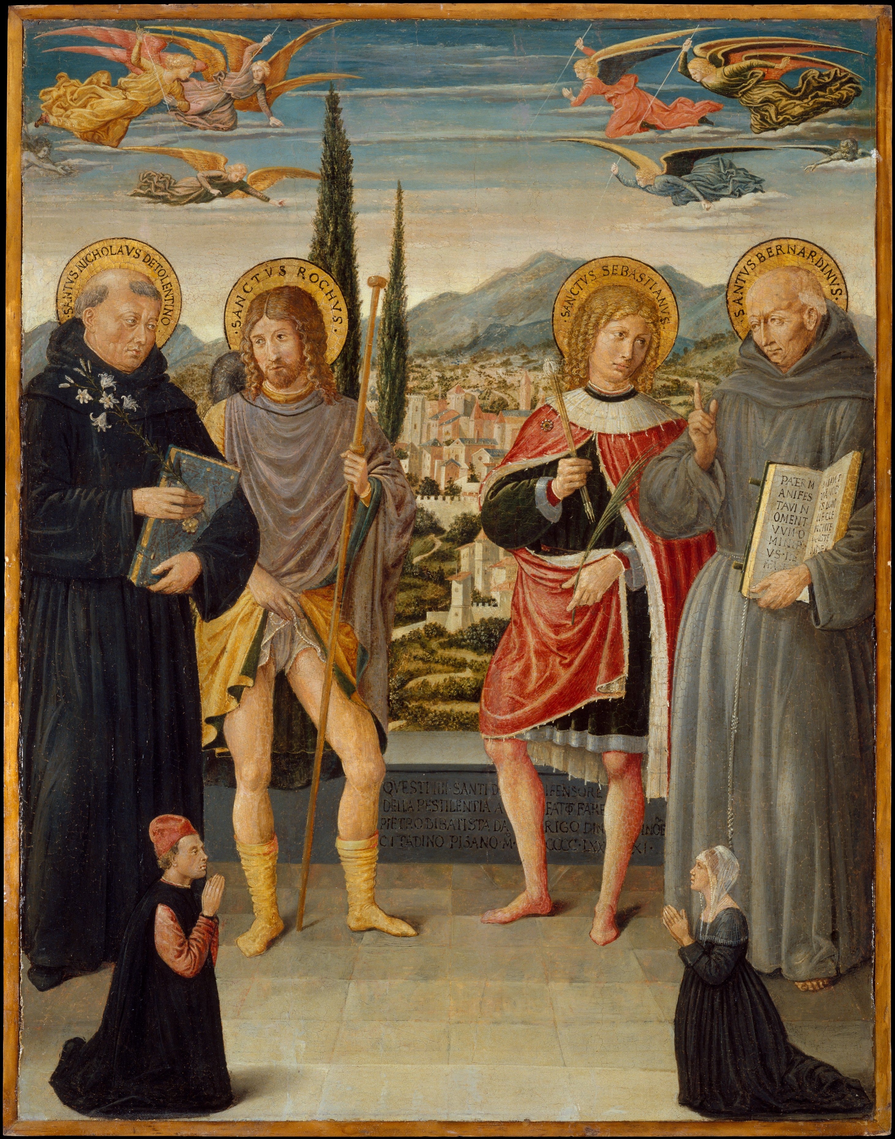 Saints Nicolas de Tolentino Roch Sébastien et Bernardin de Sienne avec des donateurs agenouillés - Benozzo Gozzoli
