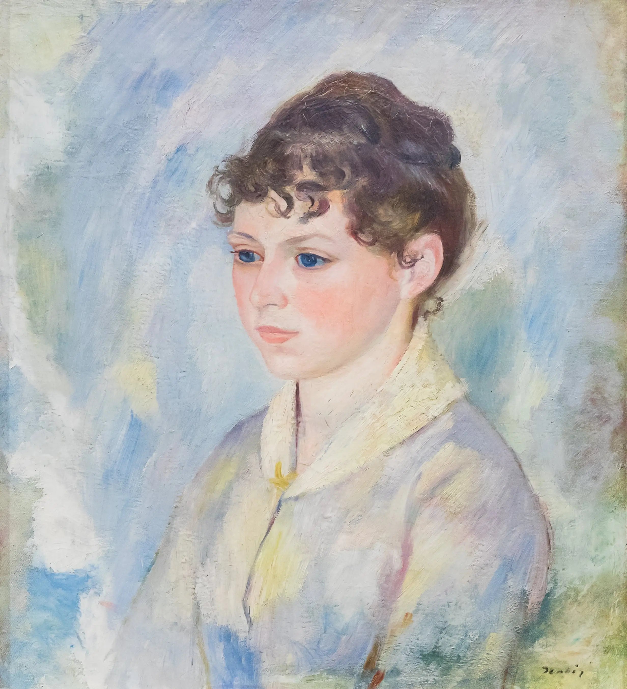 Reproduction du tableau « Tête de jeune fille sur fond bleu-clair - Pierre-Auguste Renoir » par Alpha Reproduction en peinture à l’huile